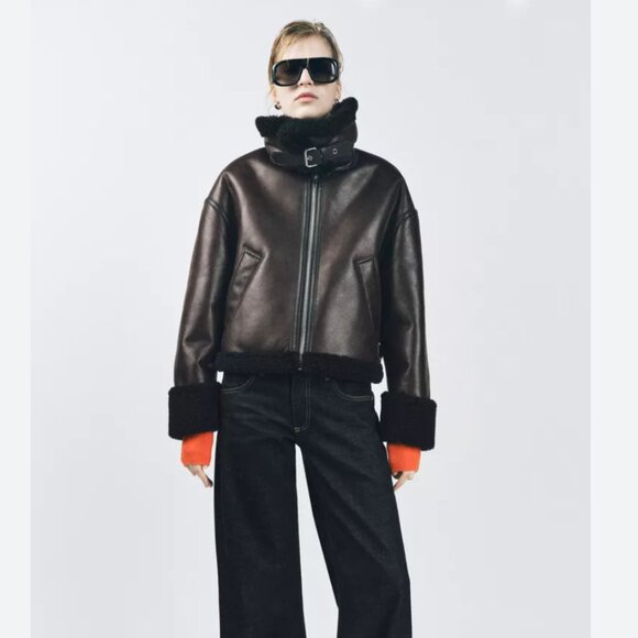 Zara Double Faced Faux Fur Faux Leather Jacket S L NWT 2969/046  Brown Burgundy - Picture 3 of 11